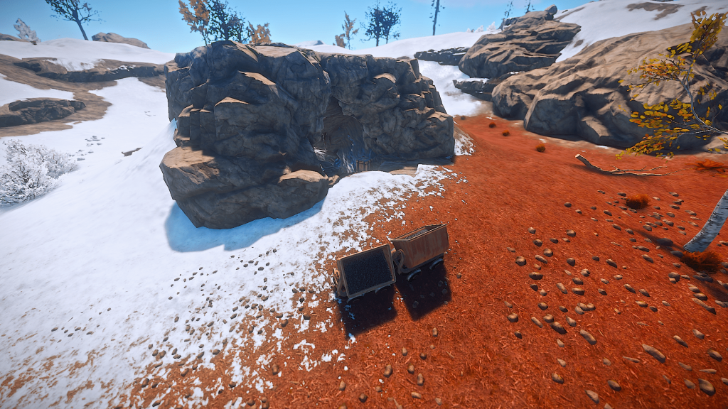  Две шахтёрские тележки (Снаружи), один шахтёрский ящик (На входе в пещеру) в игре Rust