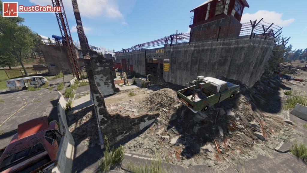 Вход в мирный город и турель на машине в Rust