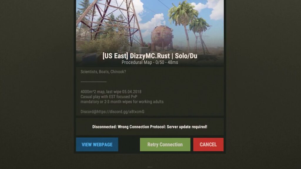 Wrong connection protocol server update required Rust